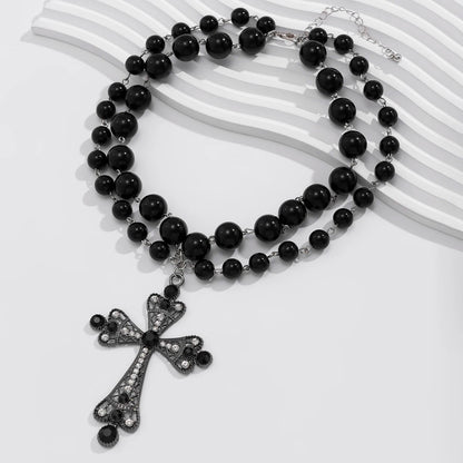 Layered Pearl Cross Necklace for Gothic Dark Feminine Y2K Fashion