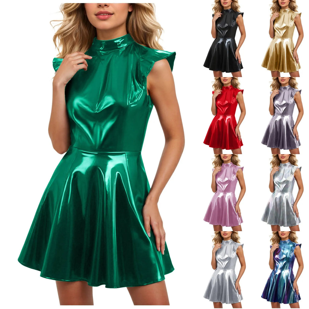 Glossy Sleeveless Mock Neck Mini Dress With Structured Flared A-Line Silhouette