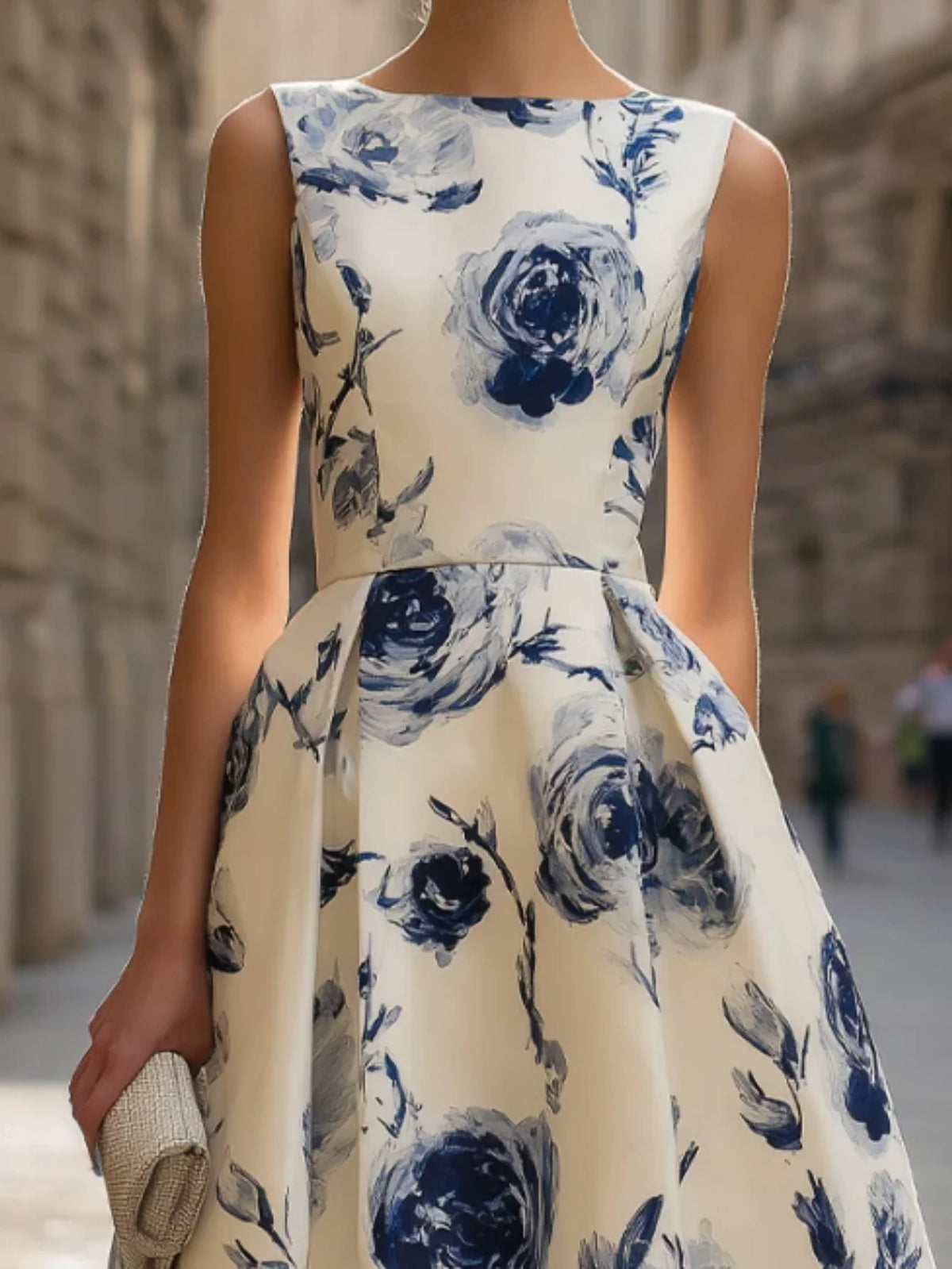 Elegant Blue Floral Print Sleeveless Midi Dress with Pleated Skirt