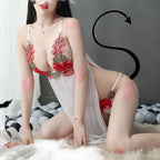 Sheer Black Mesh Babydoll with Vibrant Red Floral Embroidery and Plunging Neckline