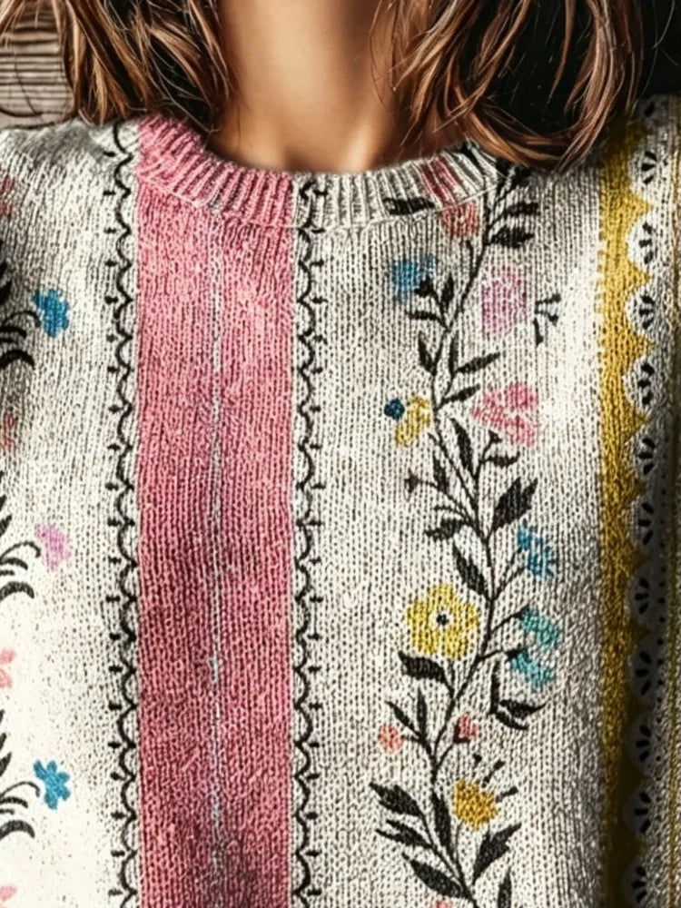 Women's Botanical Pattern Knit Vest with Crew Neck Relaxed Cap Sleeve Design