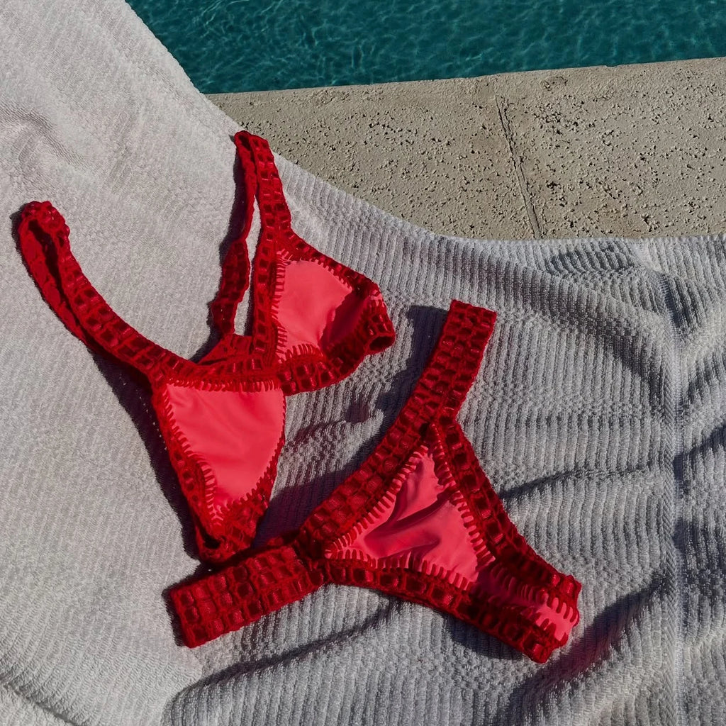 Crimson Red Triangle Bikini Set with Chunky Crochet Edge Detailing