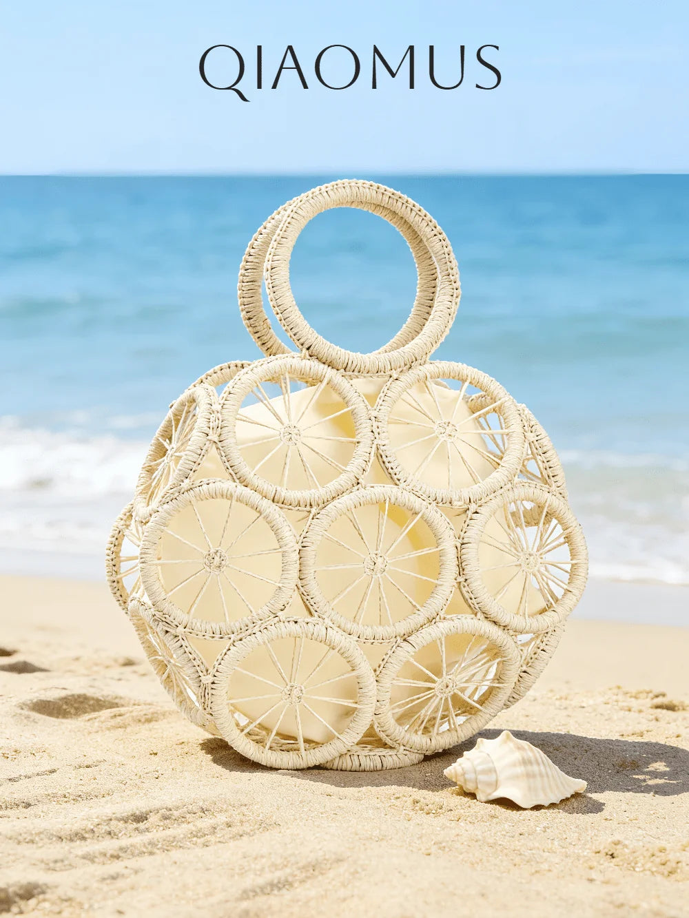 Handwoven Straw Beach Tote Bag with Circular Pattern Bohemian Styling