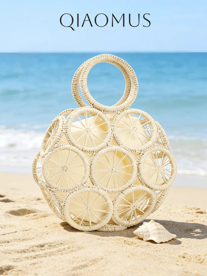 Handwoven Straw Beach Tote Bag with Circular Pattern Bohemian Styling