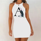 White Sleeveless Mini Nightgown with Bold Black Letter and Graphic Print, Slim Silhouette and Above-Knee Length