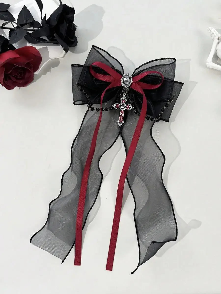 Gothic Mesh Bow Hair Clip With Cross Charm Alternative Statement Accessory