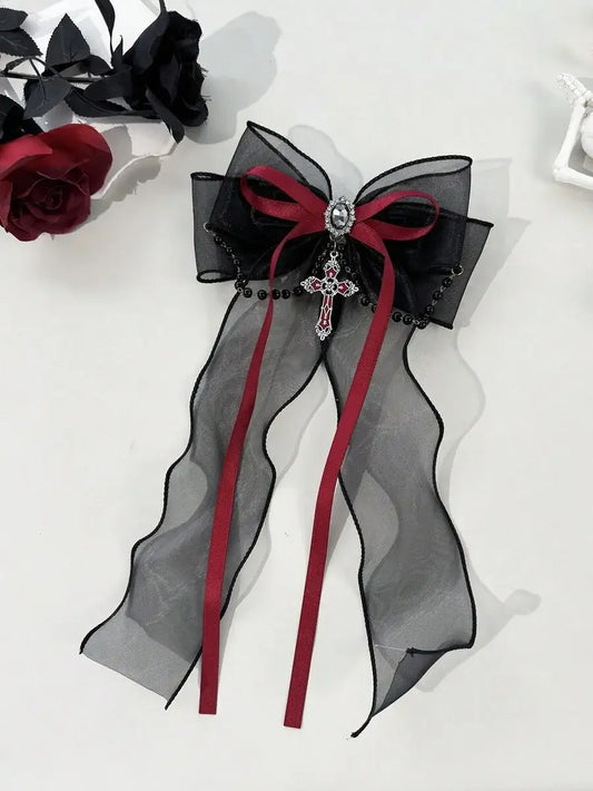 Gothic Mesh Bow Hair Clip With Cross Charm Alternative Statement Accessory