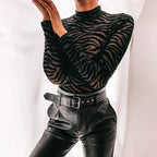 Sheer Zebra Pattern Mesh Long Sleeve Mock Neck Alternative Bodysuit