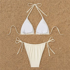 Cream String Bikini with Beaded Palm Tree Embellishments