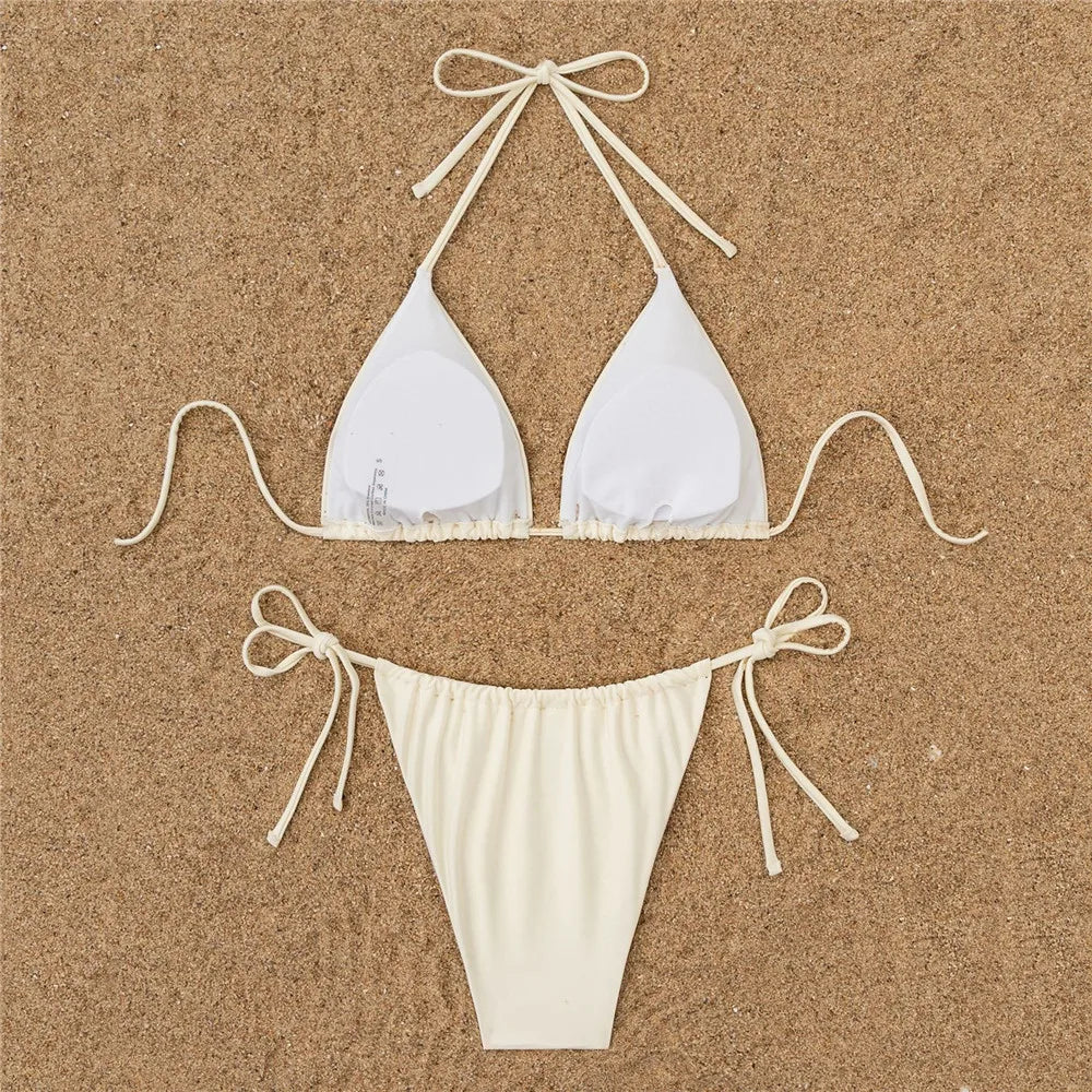 Cream String Bikini with Beaded Palm Tree Embellishments