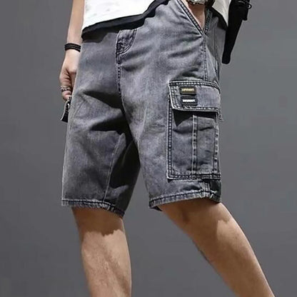 Men's Loose Fit Denim Cargo Shorts with Utility Pockets and Casual Streetwear Style