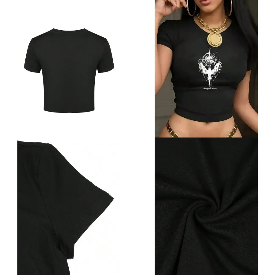 Dark Graphic Crop Tee with Gothic Artwork and Fitted Streetwear Silhouette
