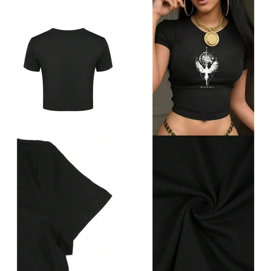 Dark Graphic Crop Tee with Gothic Artwork and Fitted Streetwear Silhouette