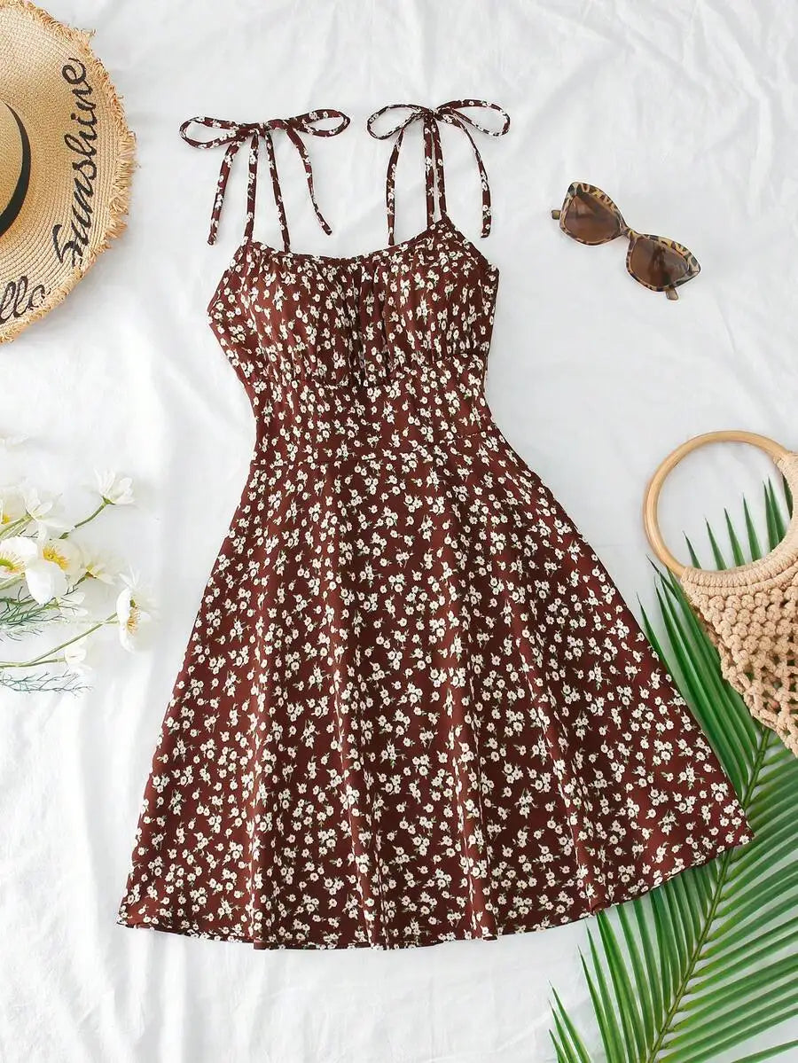 Floral Print Tie Strap A-Line Mini Dress with Lightweight Summer Silhouette