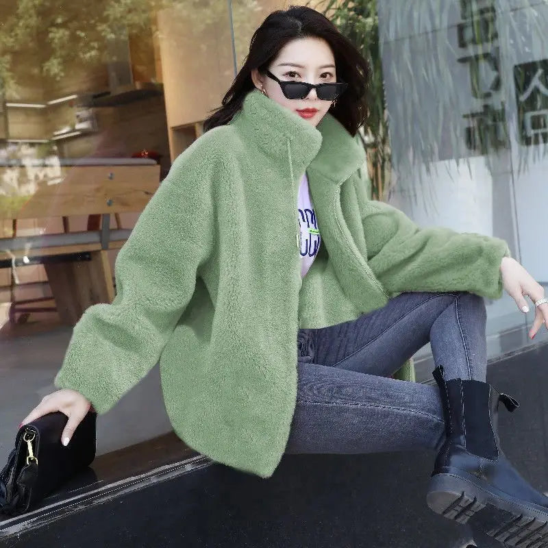 Women's Plush Fleece Zip-Up Jacket with Stand Collar Cozy Streetwear Winter Outerwear
