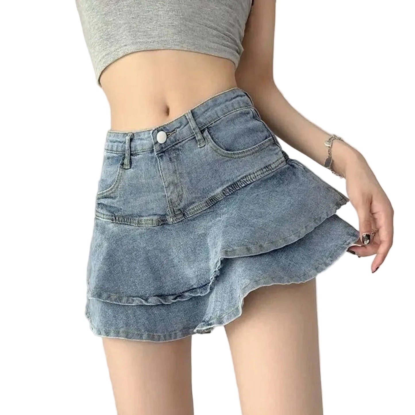 Layered Ruffle Denim Look Mini Skirt with Tiered Streetwear Silhouette