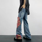 Men's Vintage Wash Flared Denim Jeans with Distressed Patchwork Streetwear Relaxed Fit