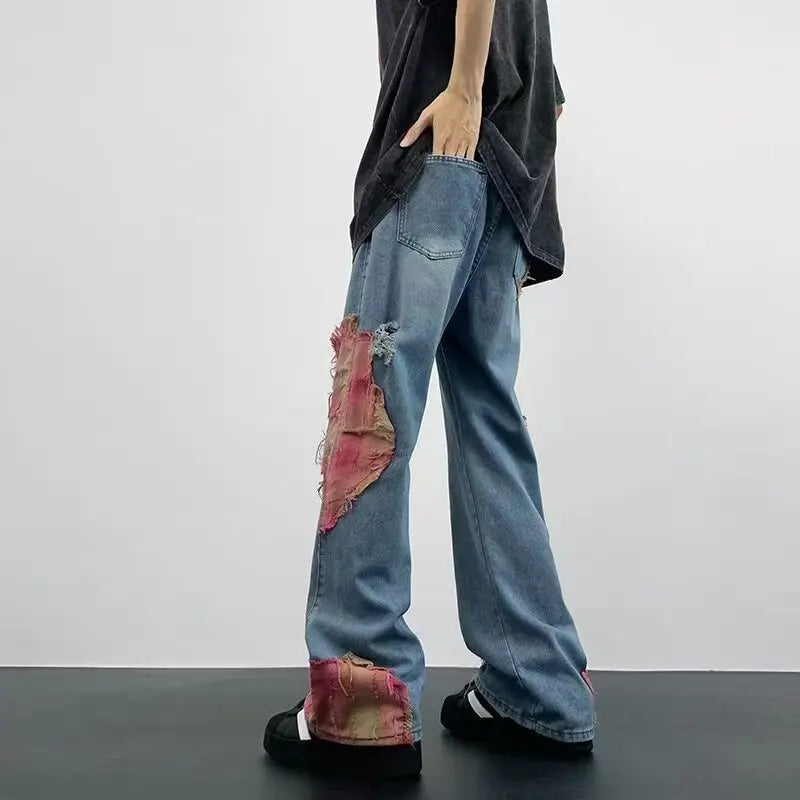 Men's Vintage Wash Flared Denim Jeans with Distressed Patchwork Streetwear Relaxed Fit