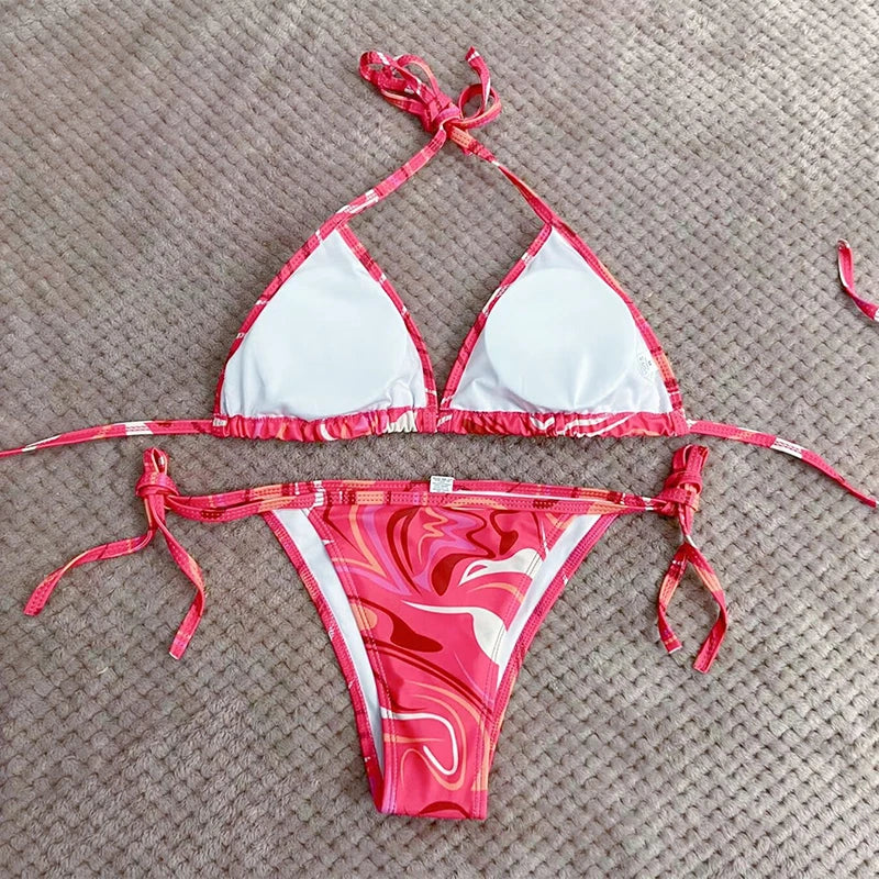 Blue and Green Abstract Swirl Print Triangle String Bikini