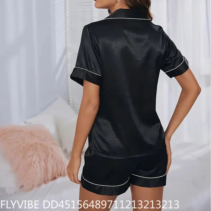 Women's Satin Pajama Set with Button-Down Short-Sleeve Shirt and Matching Shorts, Smooth Silky-Look Summer Sleepwear and Loungewear