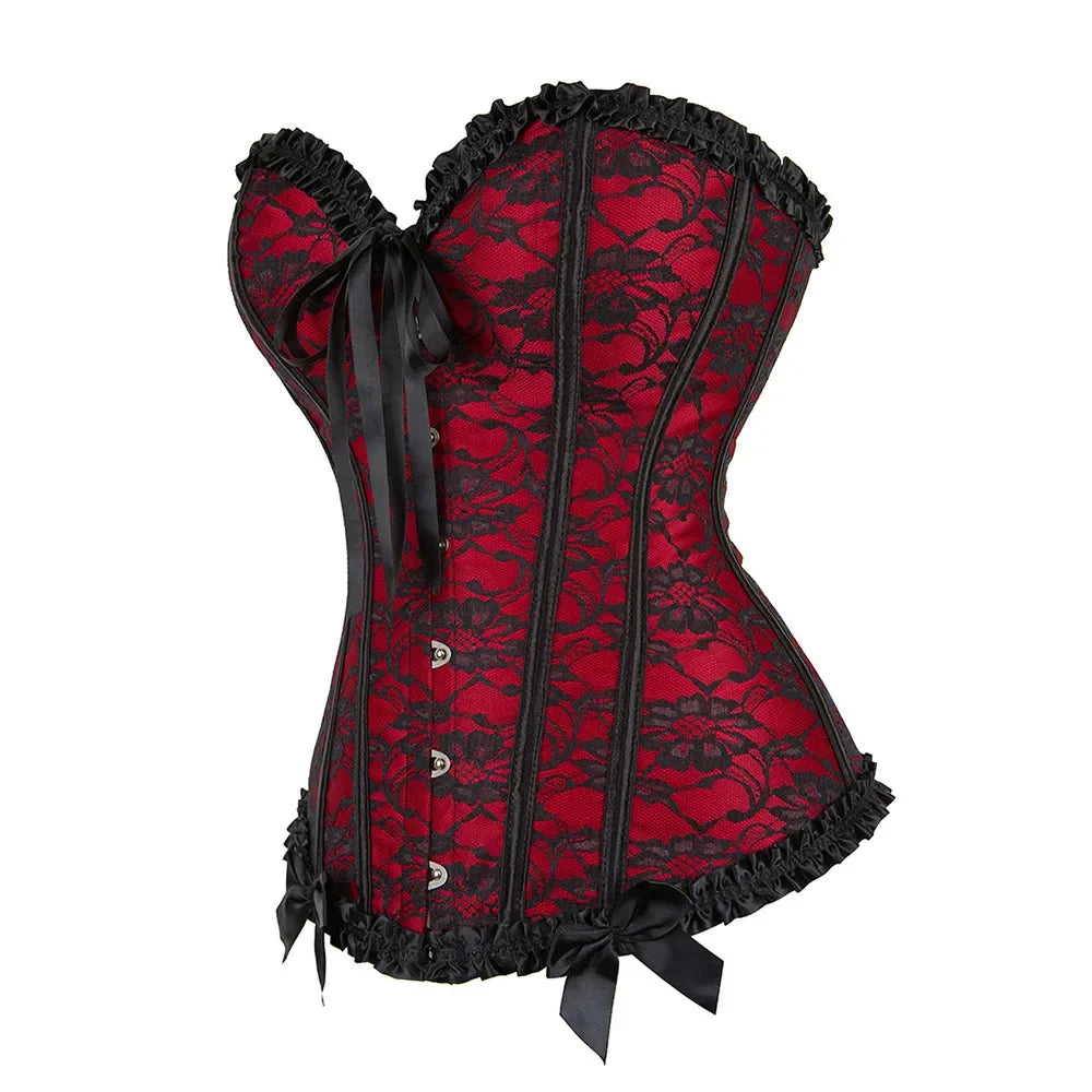 Floral Lace Overbust Corset with Structured Boning and Decorative Bow Detail