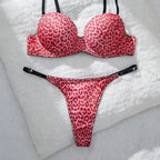 Vibrant Pink Leopard Print Push-Up Bra and Strappy Thong Set