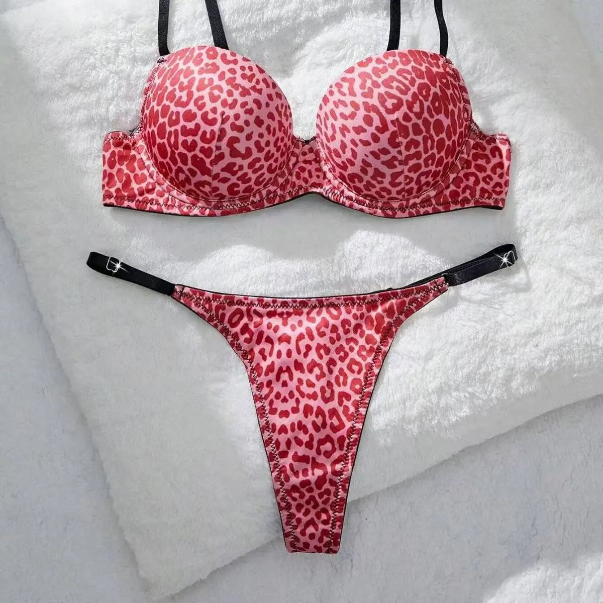 Vibrant Pink Leopard Print Push-Up Bra and Strappy Thong Set