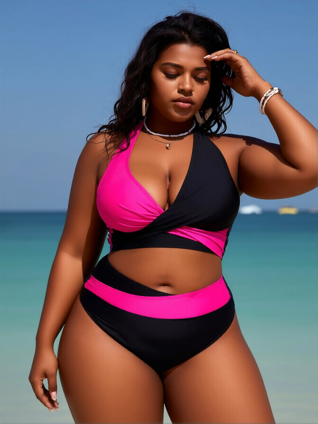 Black and Neon Pink Colorblock Two-Piece Bikini Set with Criss-Cross Halter Top and High-Waisted Contrast Bottom