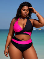 Black and Neon Pink Colorblock Two-Piece Bikini Set with Criss-Cross Halter Top and High-Waisted Contrast Bottom