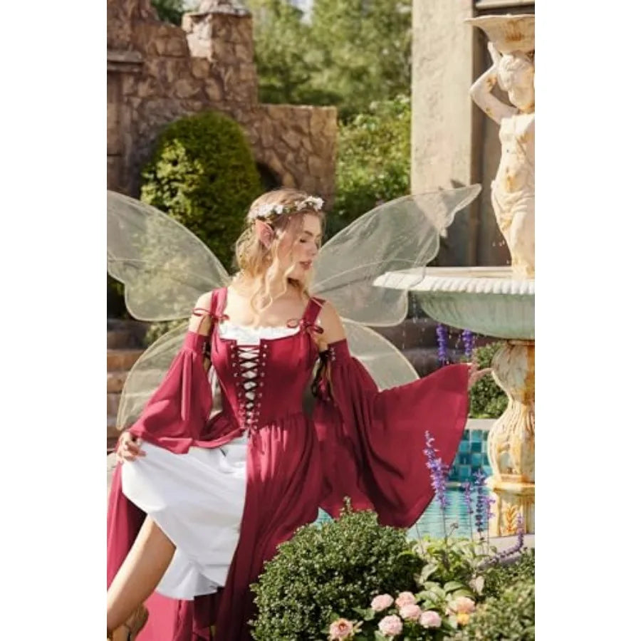 Women's Renaissance-Inspired Corset Dress Set with Bell Sleeves and Layered Overdress