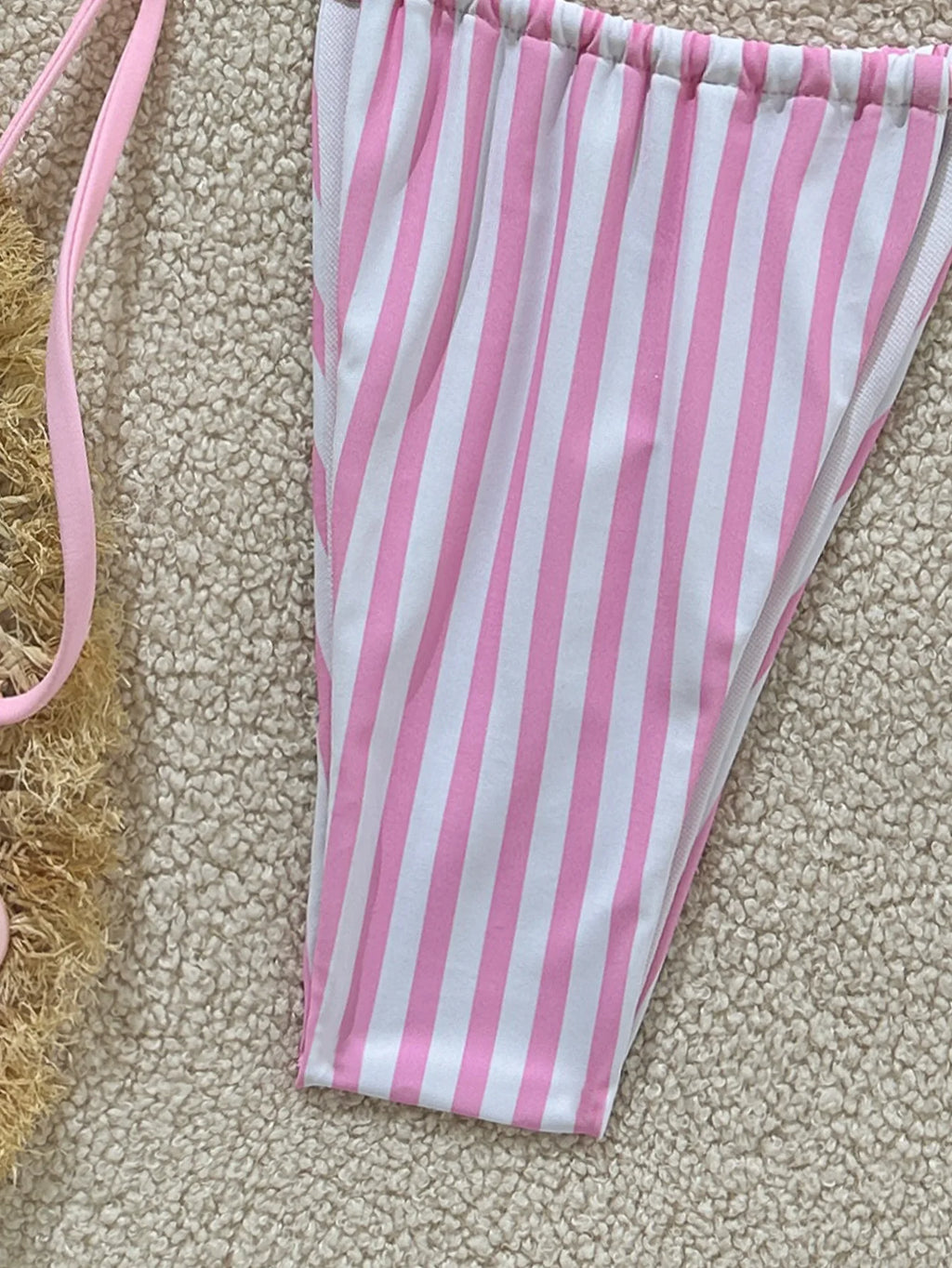 Pastel Pink and White Striped Triangle String Bikini