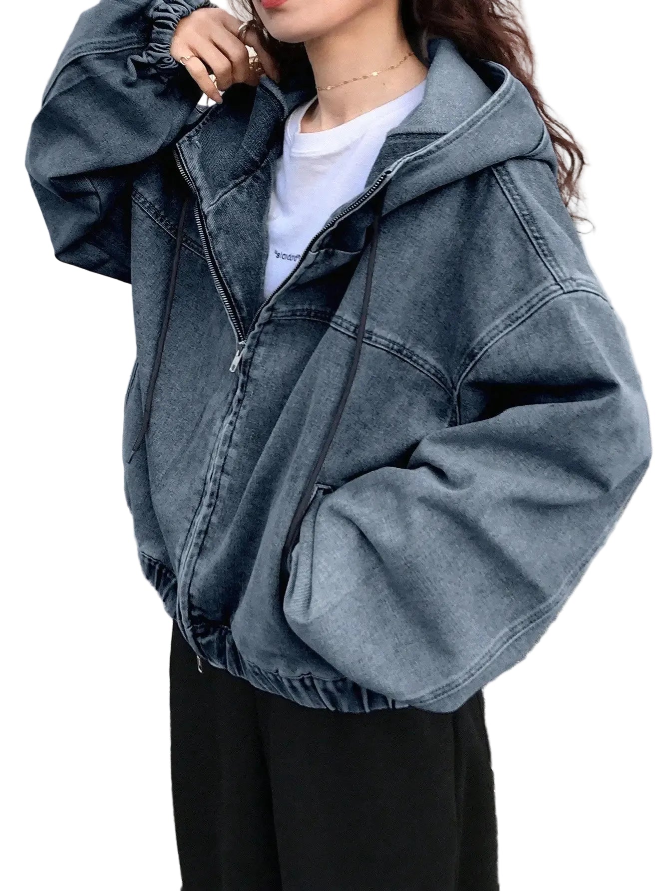Women's Hooded Denim Zip-Up Jacket Relaxed Streetwear Drawstring Everyday Outerwear