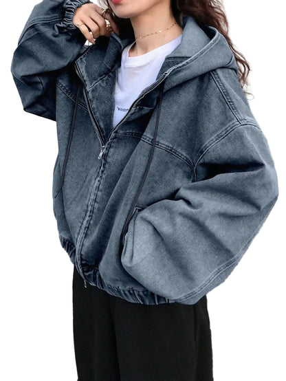 Women's Hooded Denim Zip-Up Jacket Relaxed Streetwear Drawstring Everyday Outerwear