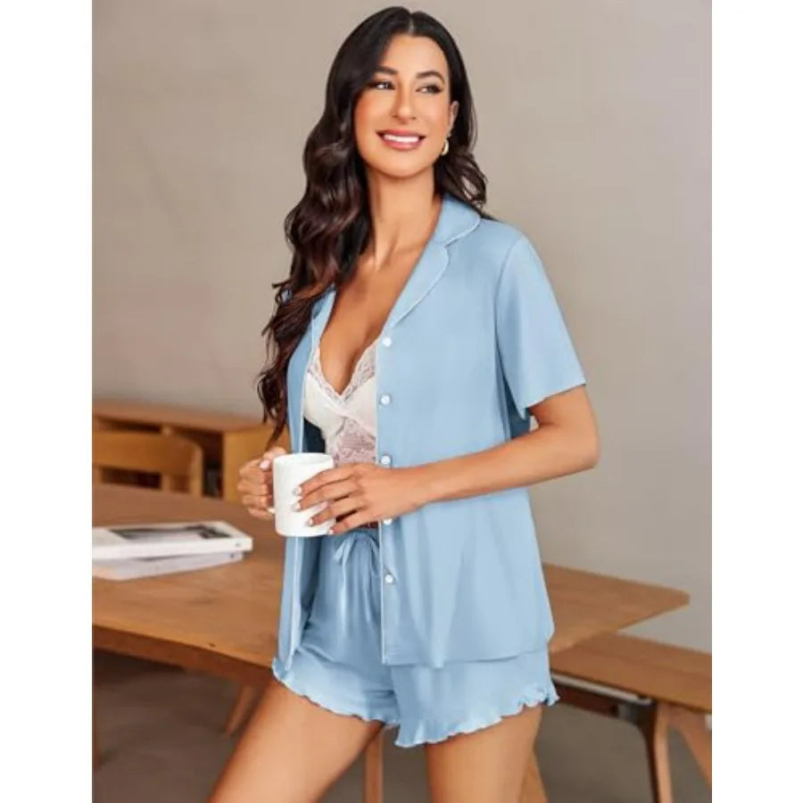 Button Front Shirt and Ruffle Shorts Sleepwear Co-Ord Set for Women