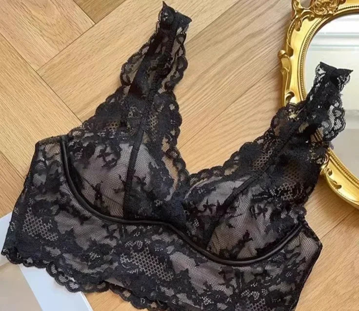 Plunging Floral Lace Longline Bralette with Scalloped Trim and Open Back Design