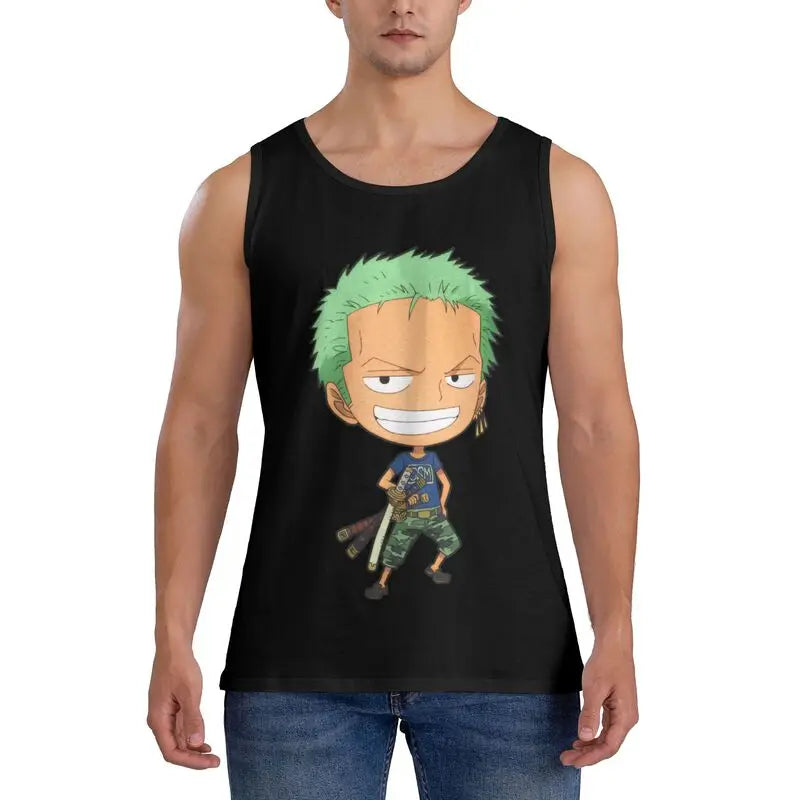Kawaii Anime-Inspired Cotton Sleeveless Tank Top with Chibi Adventure Character Graphic Design