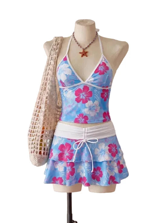 Light Blue Floral Halter Tankini Set with Tiered Ruffle Skirt