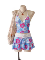 Light Blue Floral Halter Tankini Set with Tiered Ruffle Skirt