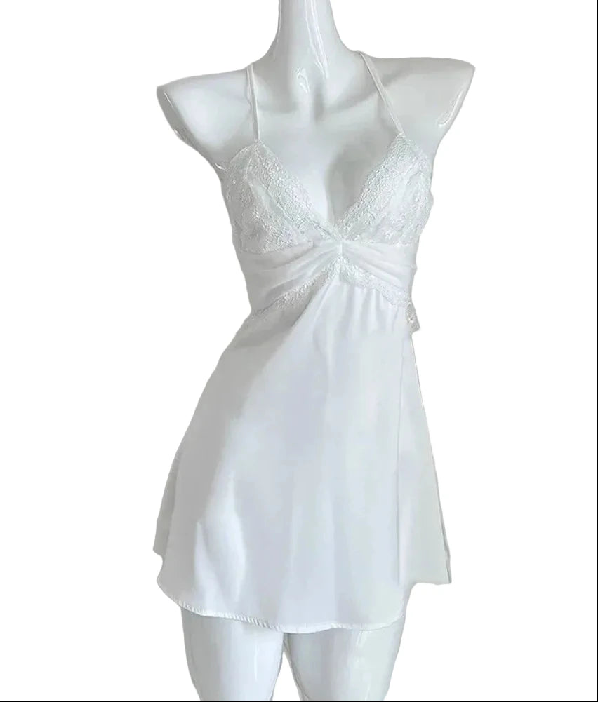 Elegant White Satin-Finish Slip Dress with Sheer Lace Bodice and Gathered Detail