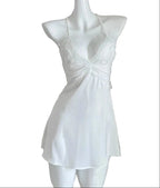 Elegant White Satin-Finish Slip Dress with Sheer Lace Bodice and Gathered Detail