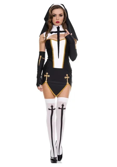 Theatrical Habit-Inspired Mini Dress with Striking Cross Embellishments and Coordinated Headpiece