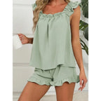 Women's Contrast-Piping Satin-Look Pajama Set, Sleeveless Top and Matching Ankle-Length Pants, Elegant Coordinated Nightwear