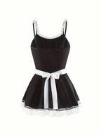 Women's Lace Trim Maid-Inspired Mini Dress Set with Apron and Hair Accessory
