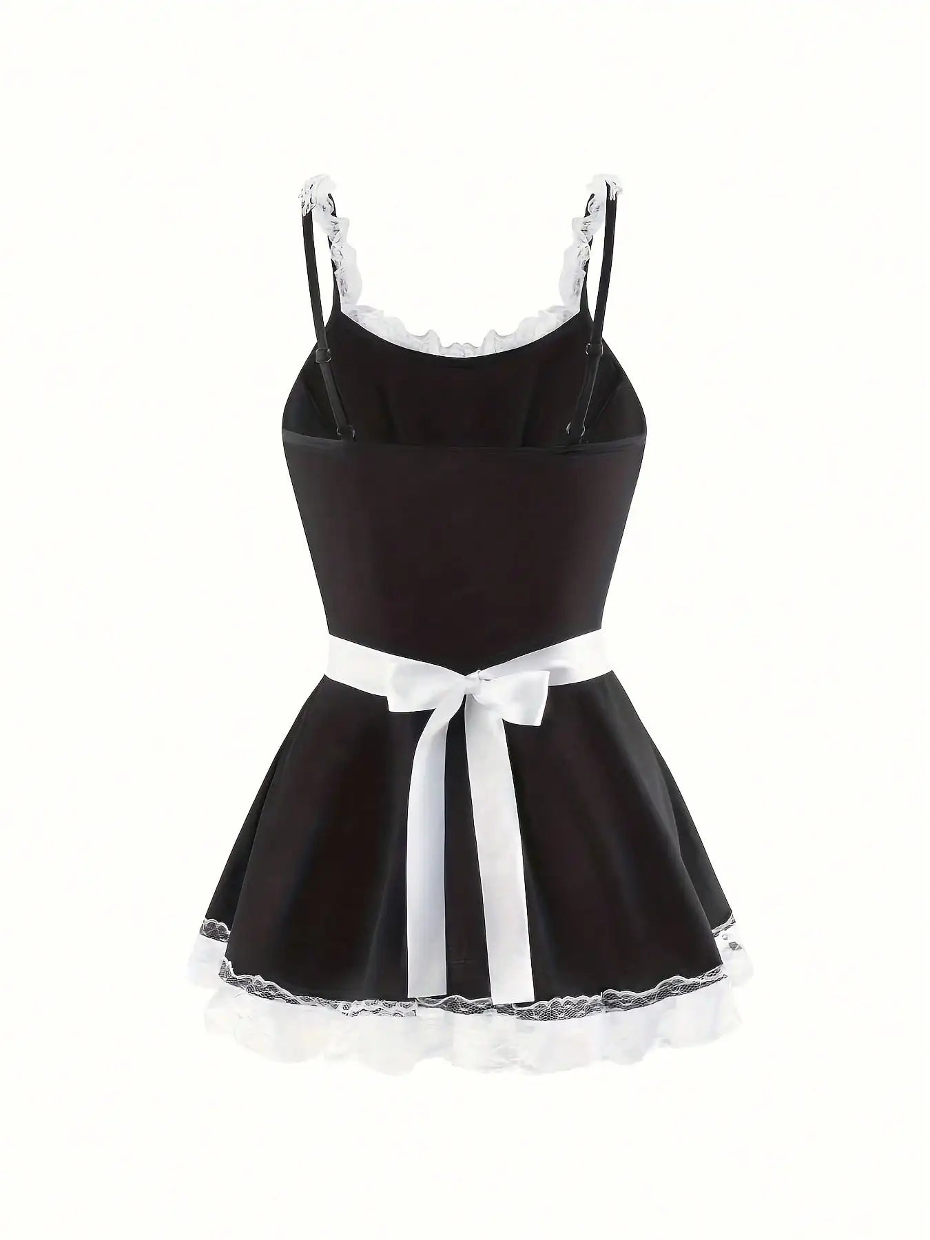 Women's Lace Trim Maid-Inspired Mini Dress Set with Apron and Hair Accessory