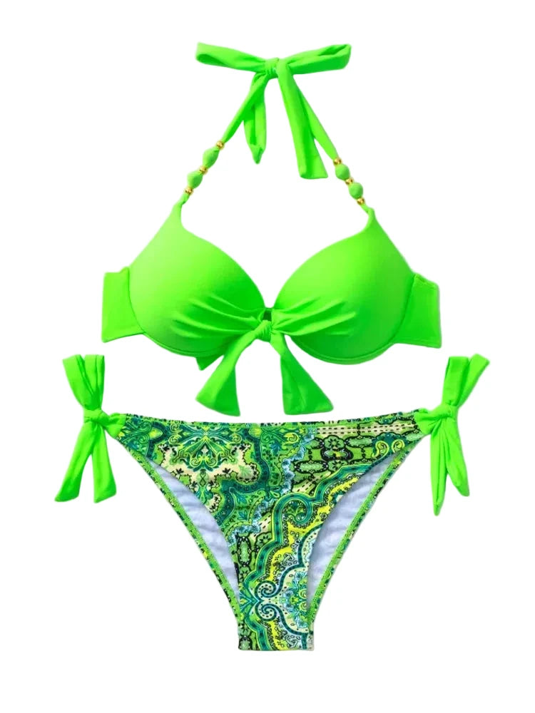 Neon Green Underwire Halter Bikini with Printed Side-Tie Bottom