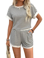 Striped Batwing Sleeve Top and Shorts Casual Summer Co-Ord Set