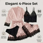Romantic 4-Piece Satin-Finish Sleepwear Set with Bold Black Lace Trim