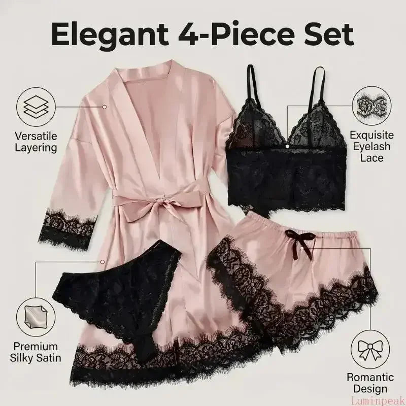Romantic 4-Piece Satin-Finish Sleepwear Set with Bold Black Lace Trim