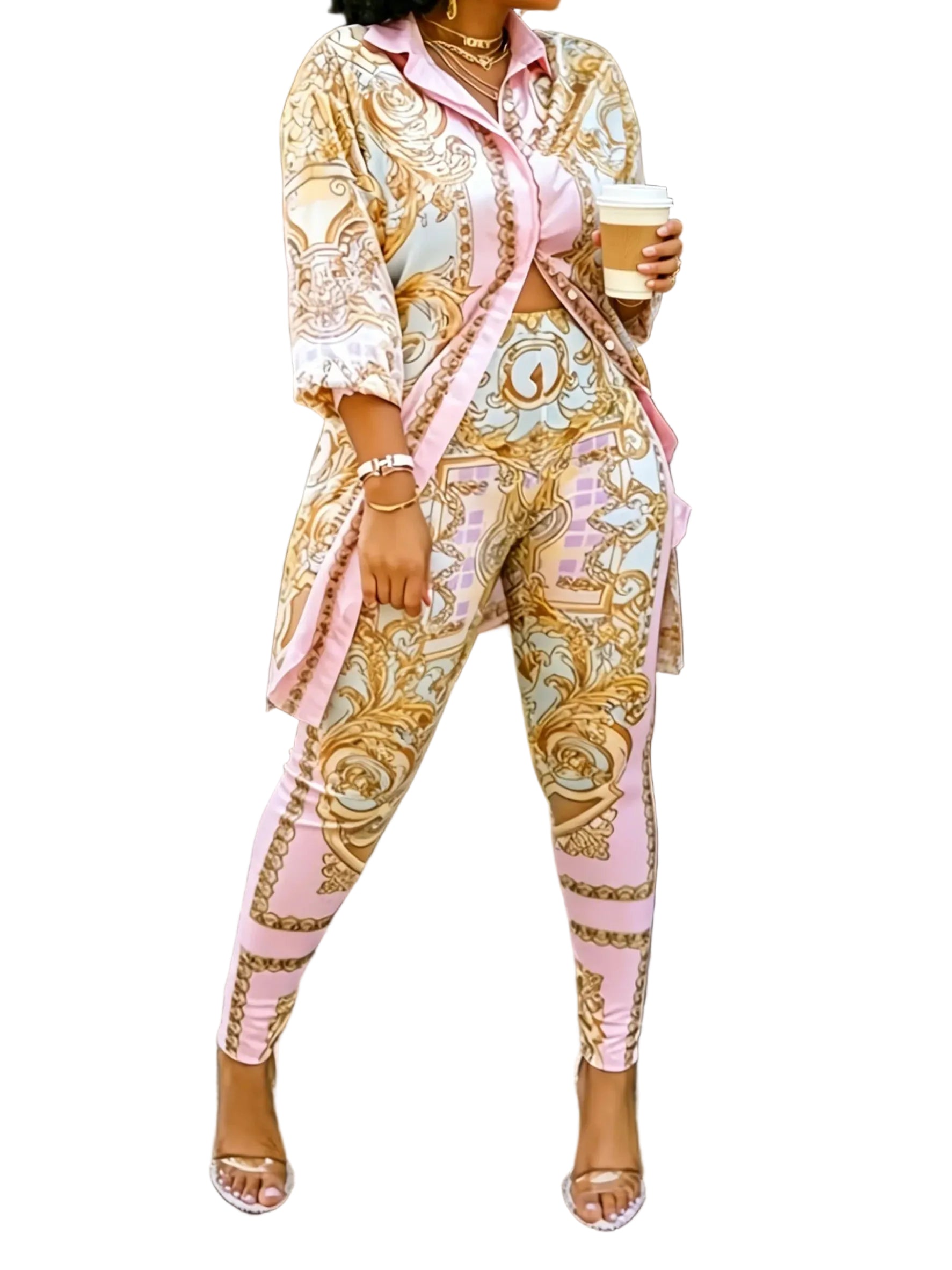 Women's Ornate Print Shirt and Pants Co-Ord Set Casual Elegance
