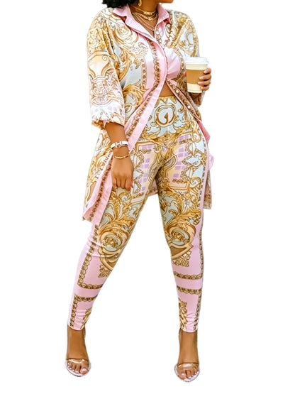 Women's Ornate Print Shirt and Pants Co-Ord Set Casual Elegance